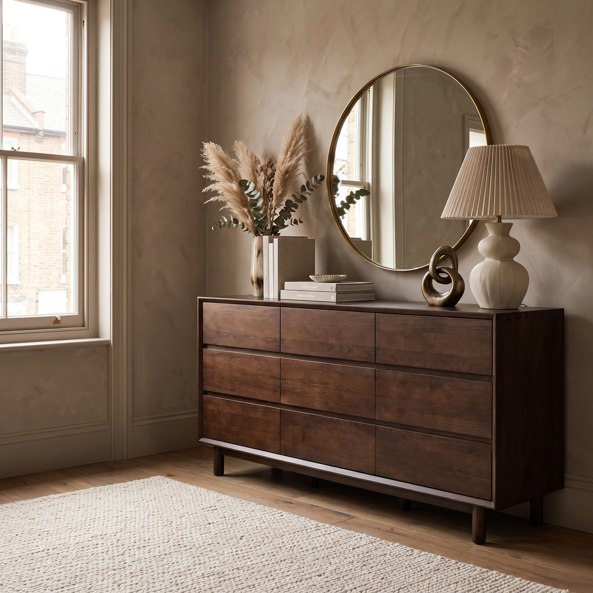 A solid oak bedroom furniture piece, the Oslo 9 Drawer Chest in Walnut is styled with decor, a lamp, and a round mirror beside a window in a softly lit, neutral-toned room. Its rich walnut finish evokes timeless elegance.