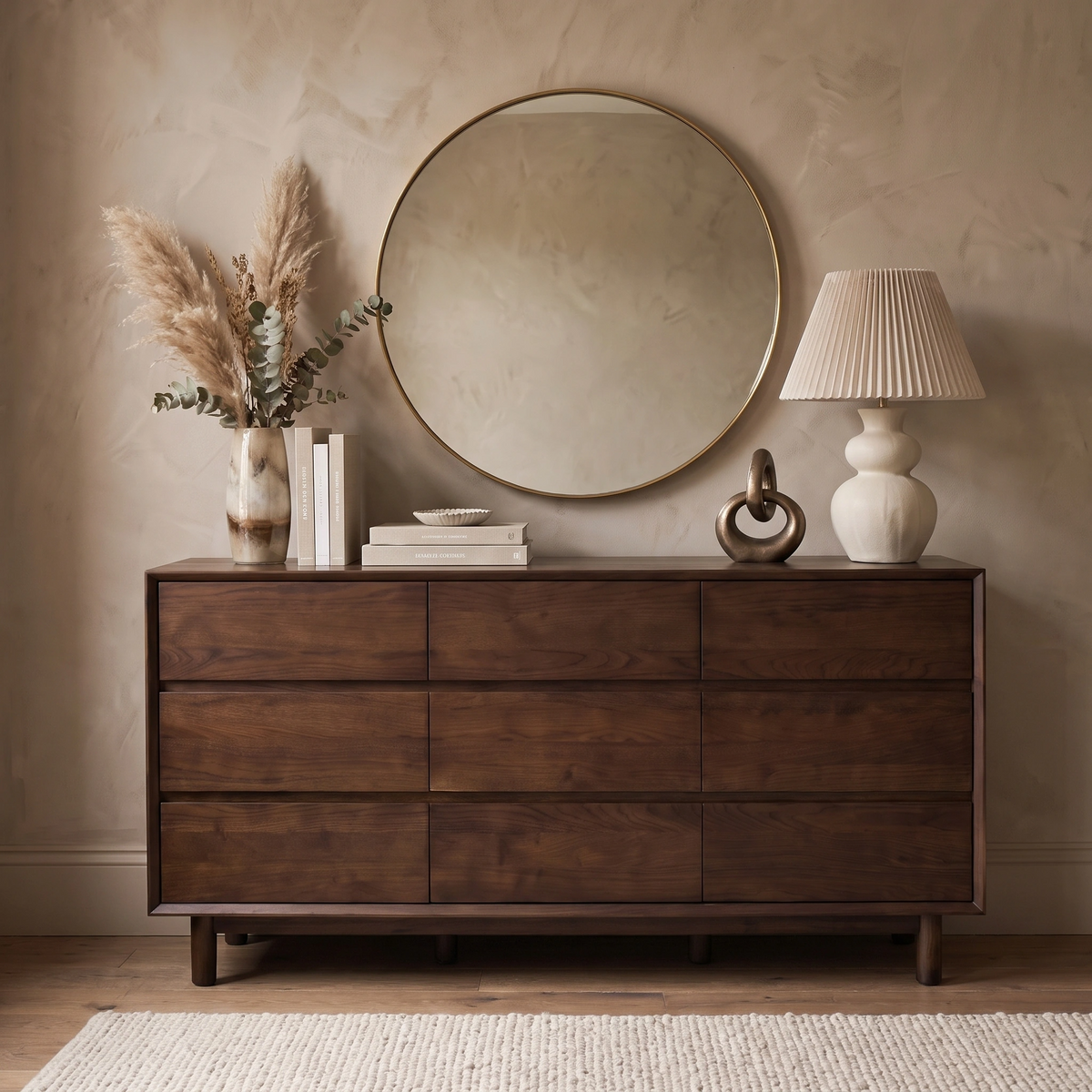 The Oslo 9 Drawer Chest in Walnut brings timeless appeal and elegance to your bedroom space. Styled here with books, vases, a lamp, and a round mirror on a textured beige wall above a rug, this solid oak chest elevates the room with its warm walnut finish.