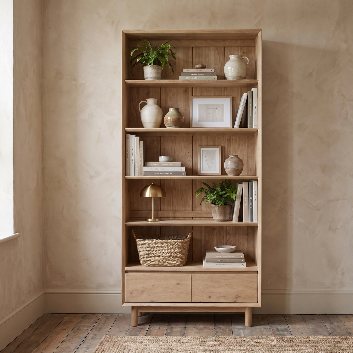 Oslo Bookcase in Light Oak styled with plants, books, baskets, framed art, and ceramics, featuring adjustable shelves, set against a light beige wall.
