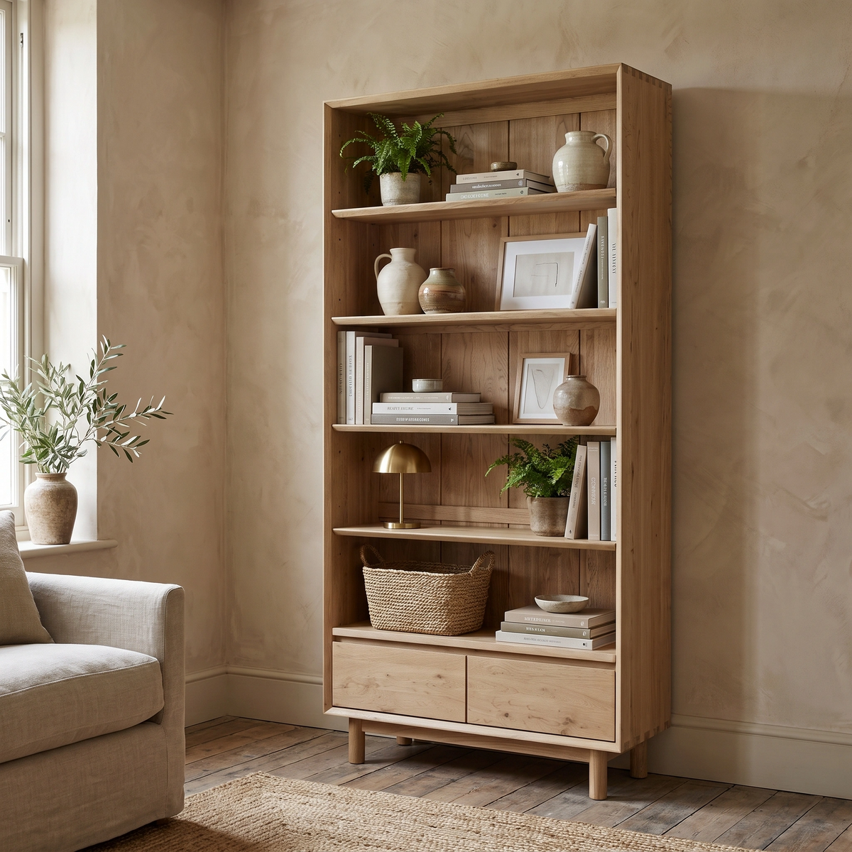 The Oslo Bookcase in Light Oak, featuring adjustable shelves and filled with books, plants, vases, and a basket, stands next to a beige couch in a bright room.