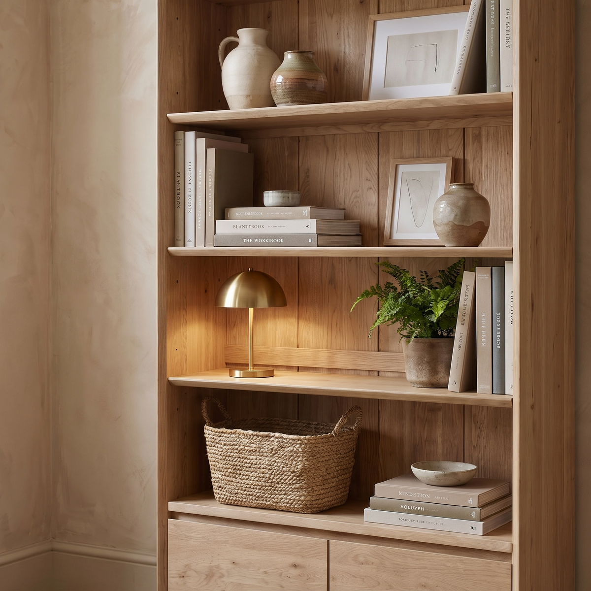 Oslo Bookcase in Light Oak with adjustable shelves, beautifully styled with books, art, vases, a small gold lamp, a basket, and a potted plant.