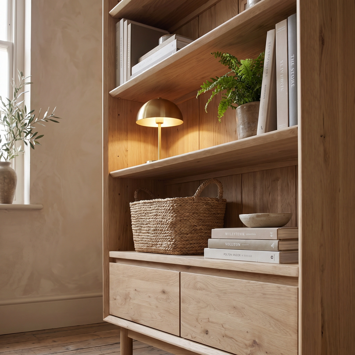 The Oslo Bookcase in Light Oak showcases adjustable shelves that elegantly display books, a basket, a bowl, a brass lamp, and a fern plant on its durable wooden shelves.