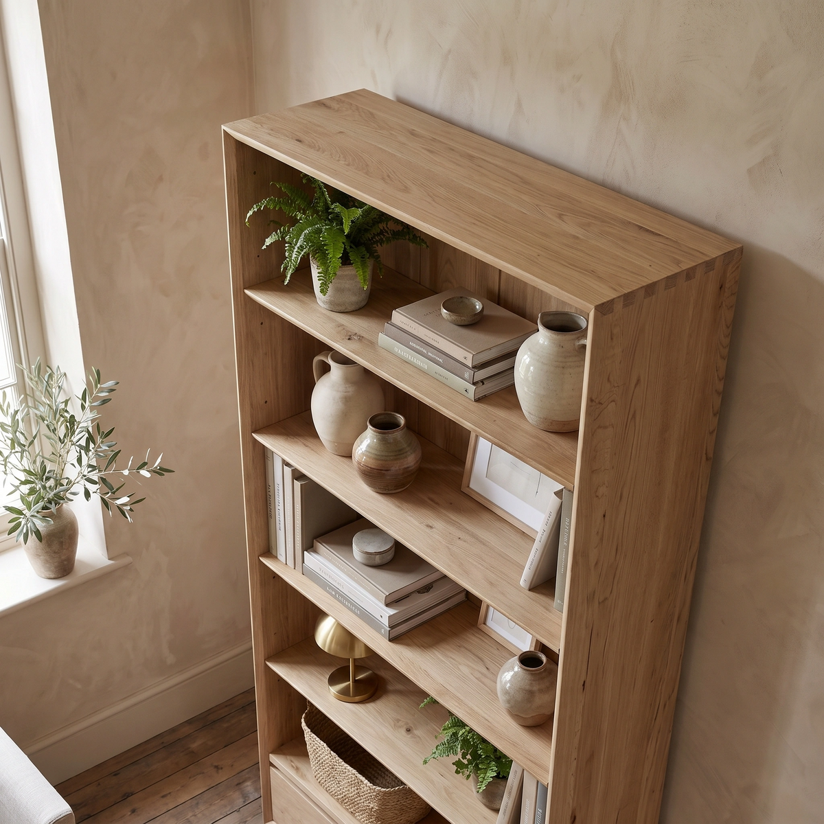 Oslo Bookcase in Light Oak with adjustable shelves displaying books, ceramic vases, and potted plants in a softly lit room beside a window.