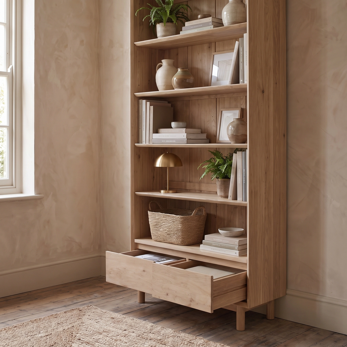 The Oslo Bookcase in Light Oak features a tall design with adjustable shelves, beautifully filled with books, decor items, and plants. Two lower drawers are partially open, adding both style and functionality.