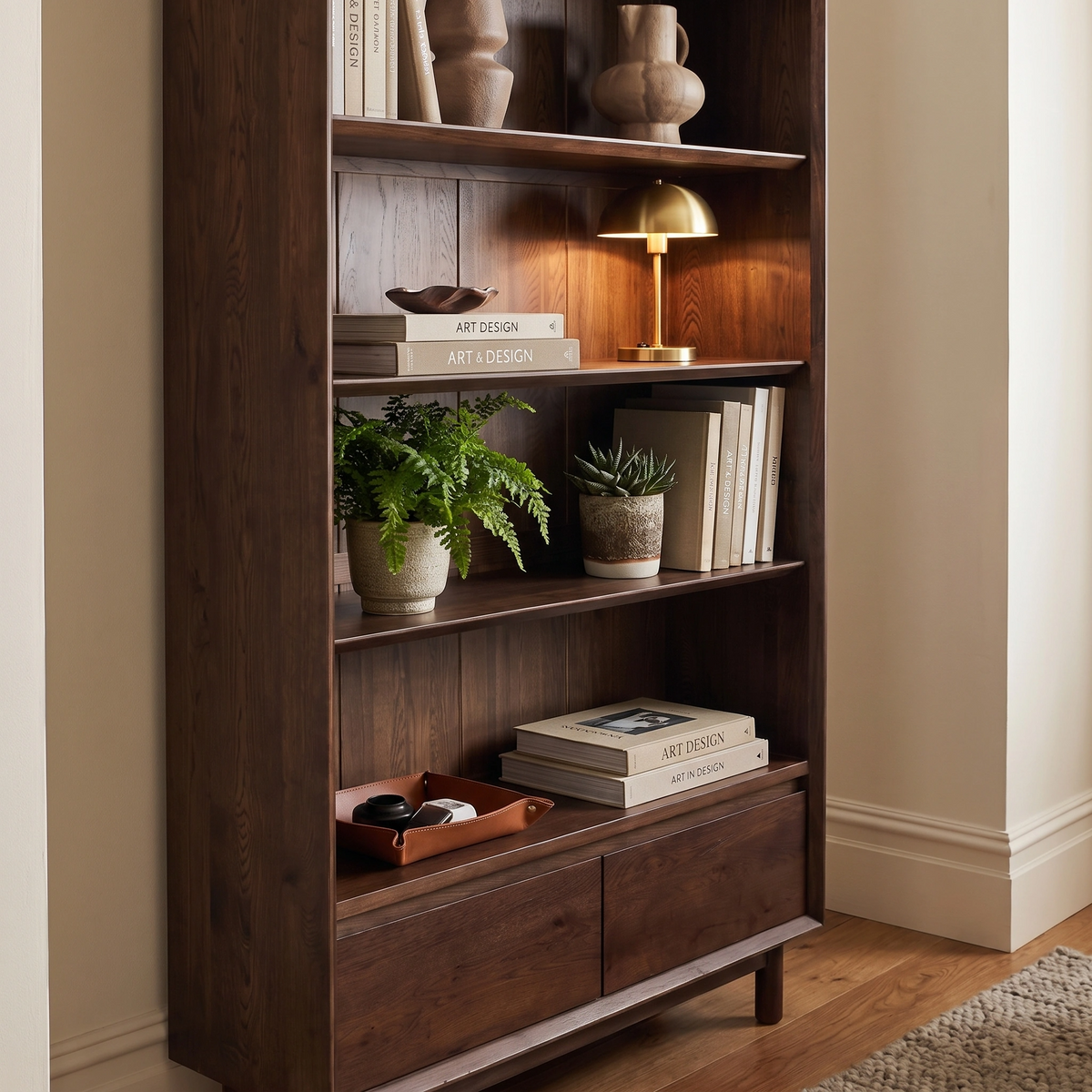 An Oslo Bookcase in Walnut displays books, plants, decorative objects, and a small lamp on its shelves.