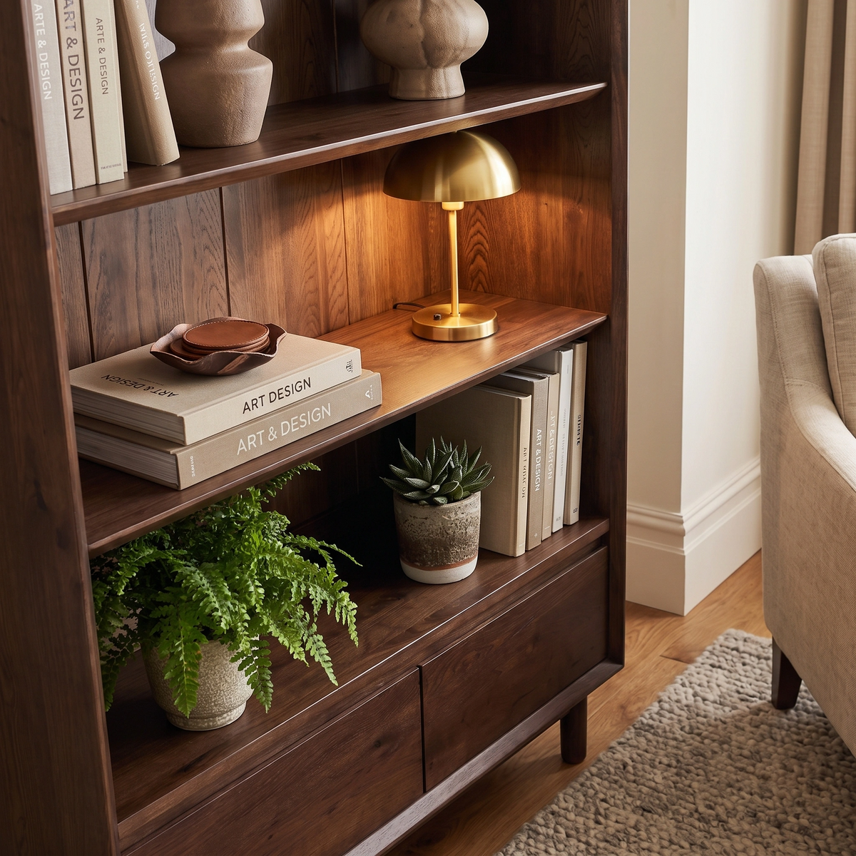 The Oslo Bookcase in Walnut, adorned with books, a gold lamp, potted plants, and decor, stands beside a beige armchair.