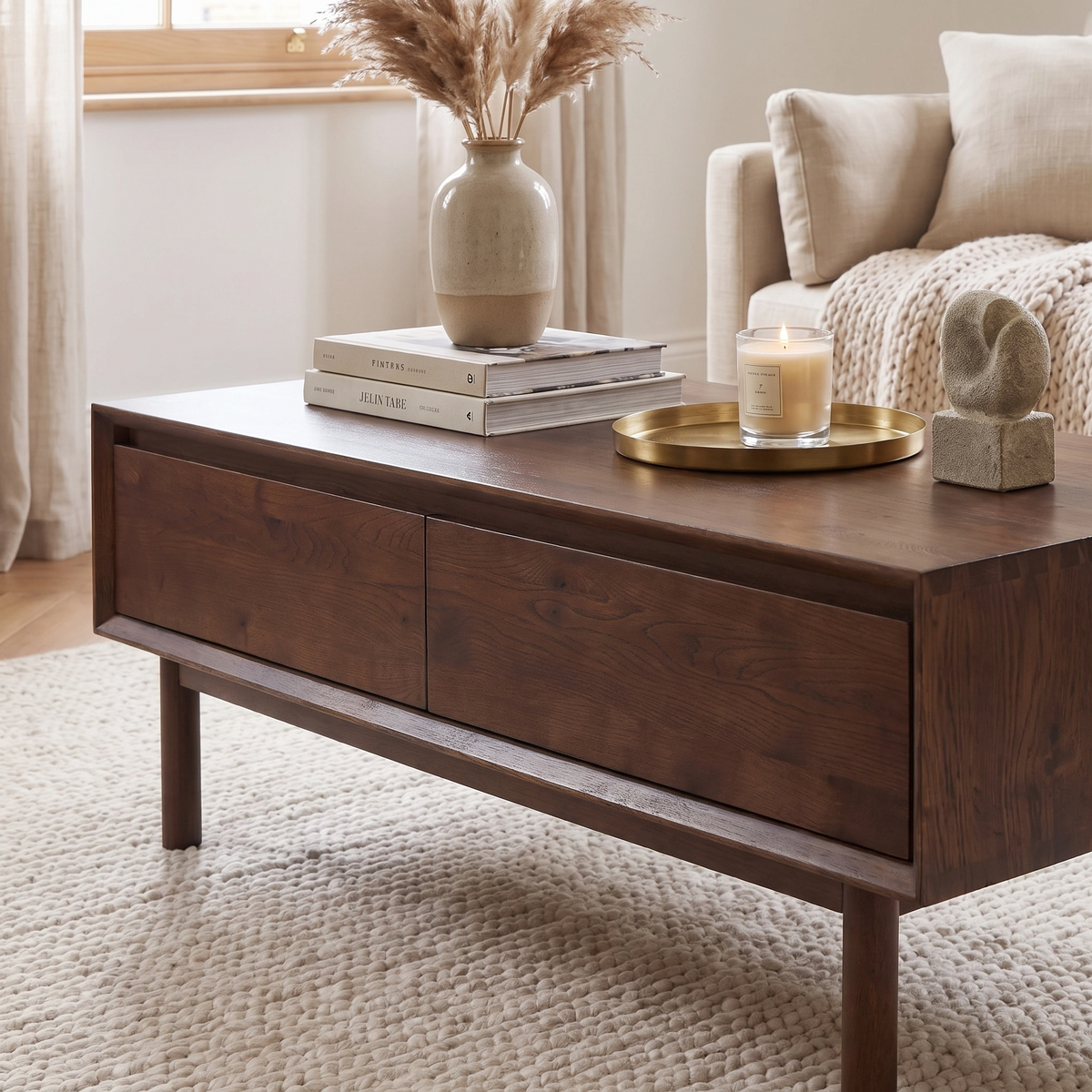 Oslo Coffee Table with 4 Drawers in Walnut styled with books, a vase, candle, and sculpture on a tray; beige sofa and rug in the background.