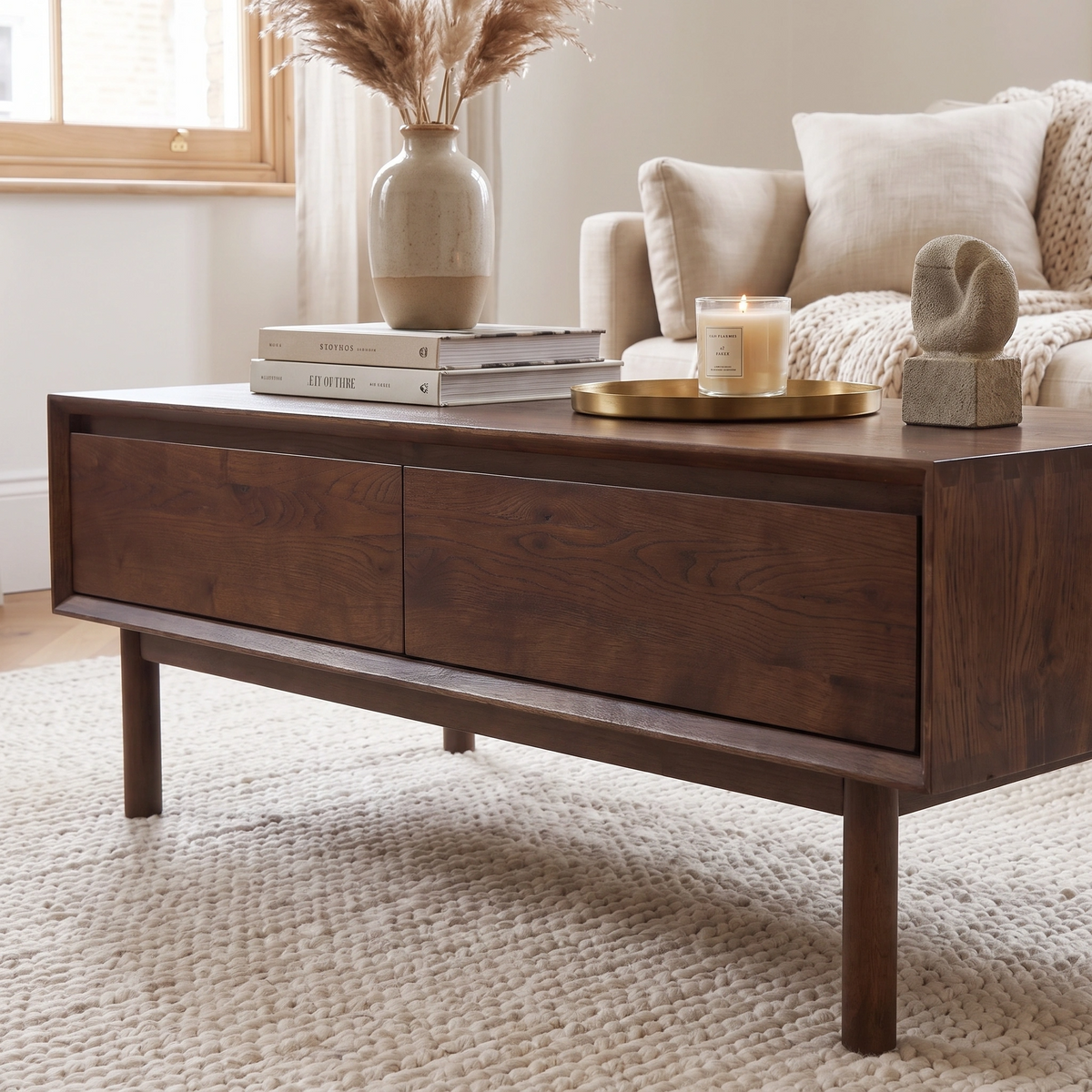 Oslo Coffee Table with 4 Drawers in Walnut styled with books, a candle, vase, and sculpture in a cozy living room featuring a beige sofa.