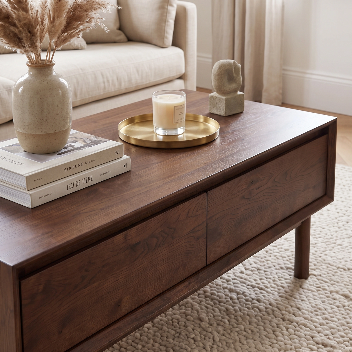 Oslo Coffee Table with 4 Drawers in Walnut, styled with a vase, books, a gold tray holding a candle, and a small sculpture on top.
