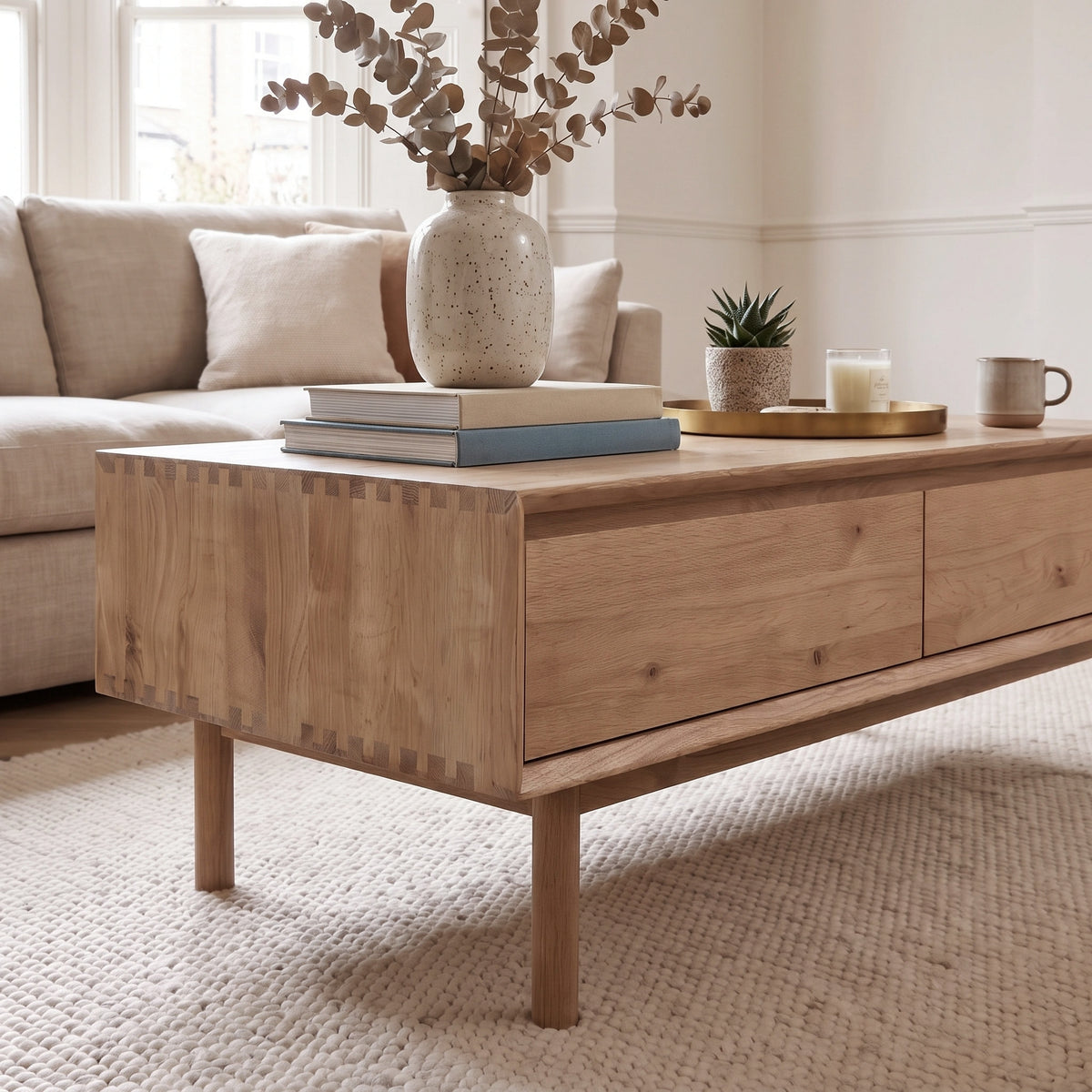 Oslo Coffee Table with 4 Drawers in Light Oak styled with books, a vase of dried leaves, a candle, and a plant in a cozy, neutral living room.