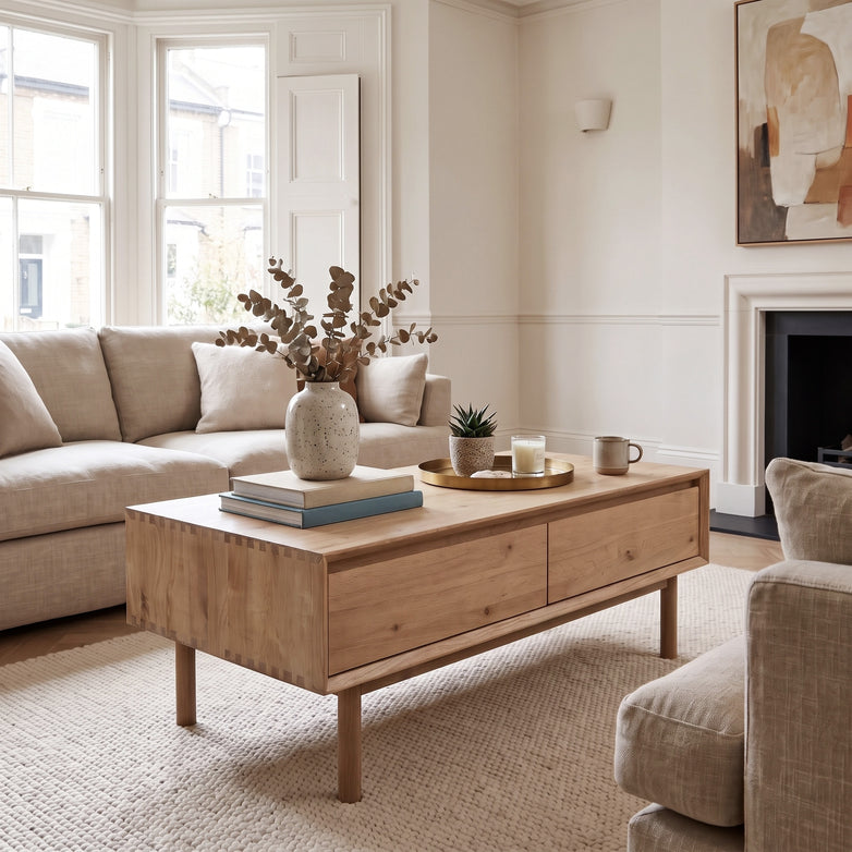 Modern living room with beige sofas, an Oslo Coffee Table with 4 Drawers in Light Oak, a vase with branches, books, and candles.