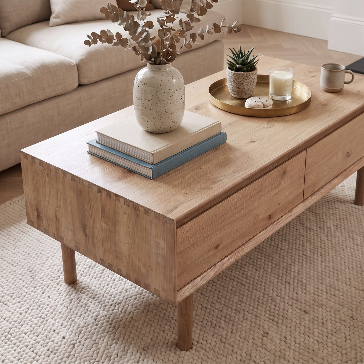 Oslo Coffee Table with 4 Drawers in Light Oak styled with books, a vase, a tray, a plant, a candle, and a mug on a cream rug.