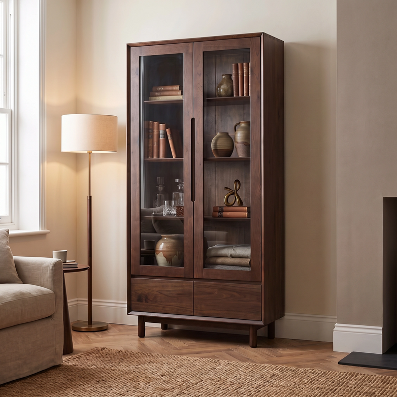 The Oslo Display Cabinet in Walnut with glass doors showcases books and ceramics, positioned beside a floor lamp and a beige sofa.