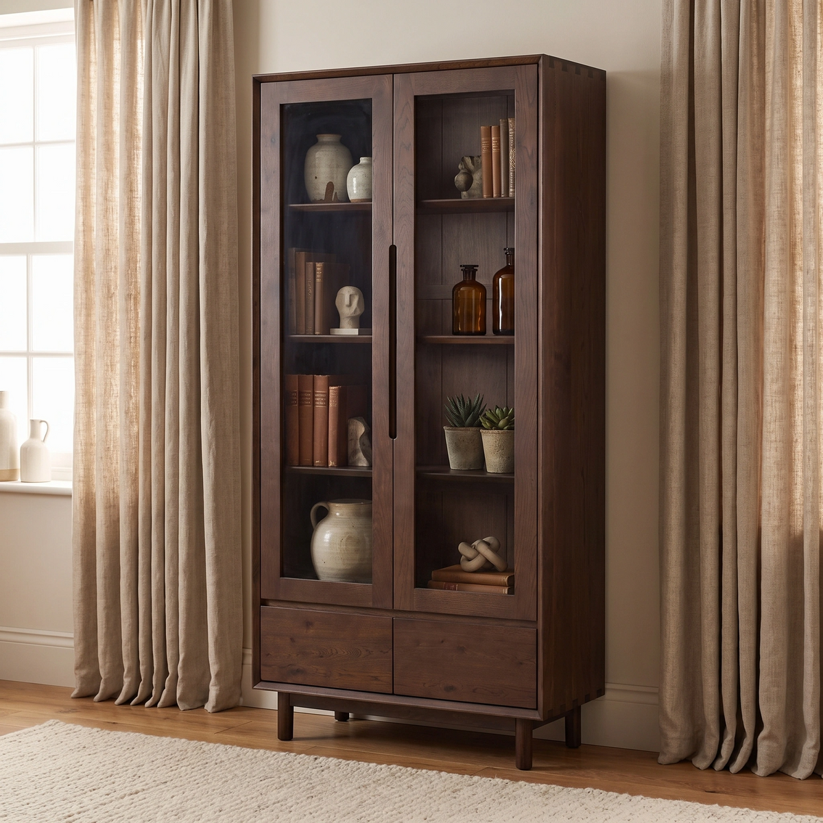 Tall wooden cabinet with glass doors, shelves of decor, books, and drawers—this elegant Oslo Display Cabinet in Walnut stands gracefully between beige curtains.