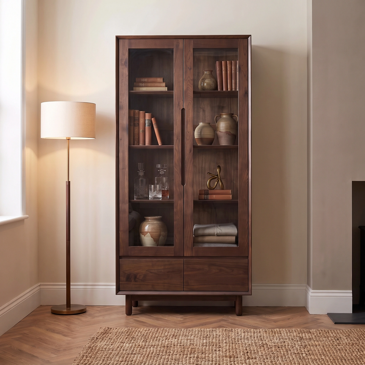 The Oslo Display Cabinet in Walnut, featuring glass doors, holds books and vases next to a floor lamp in a cozy room.
