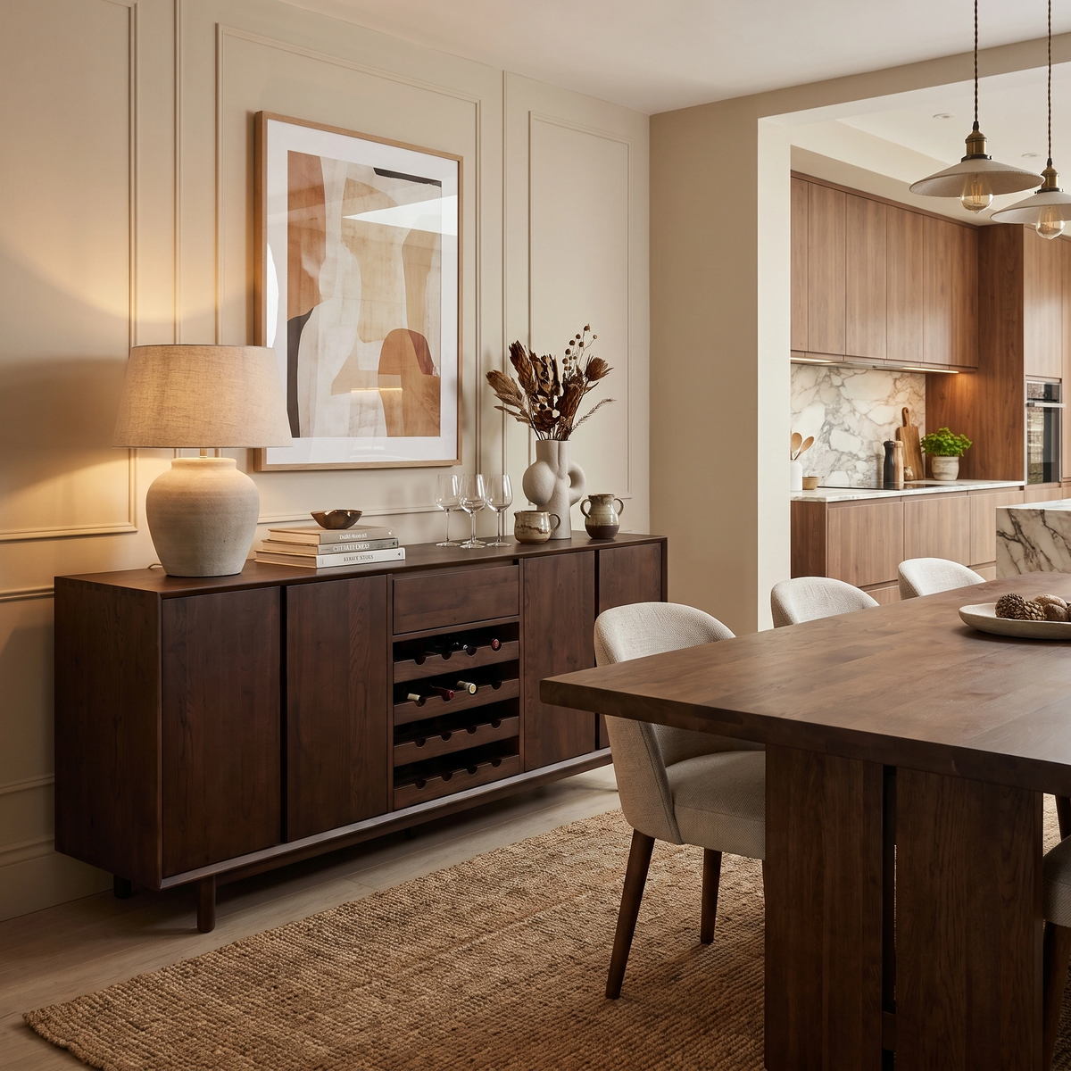 Modern dining room with wooden furniture, neutral decor, and soft lighting, featuring art and a stylish Oslo Grand 4 Door Sideboard with Wine Rack in Walnut.
