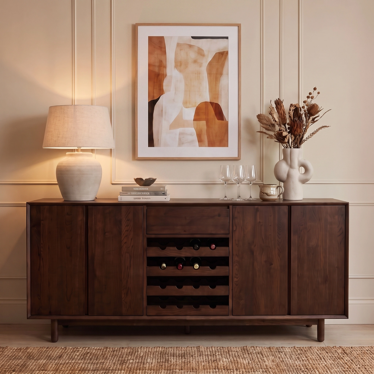 Oslo Grand 4 Door Sideboard with Wine Rack in Walnut, styled with a lamp, books, vases, glasses, and abstract art displayed against a beige wall.