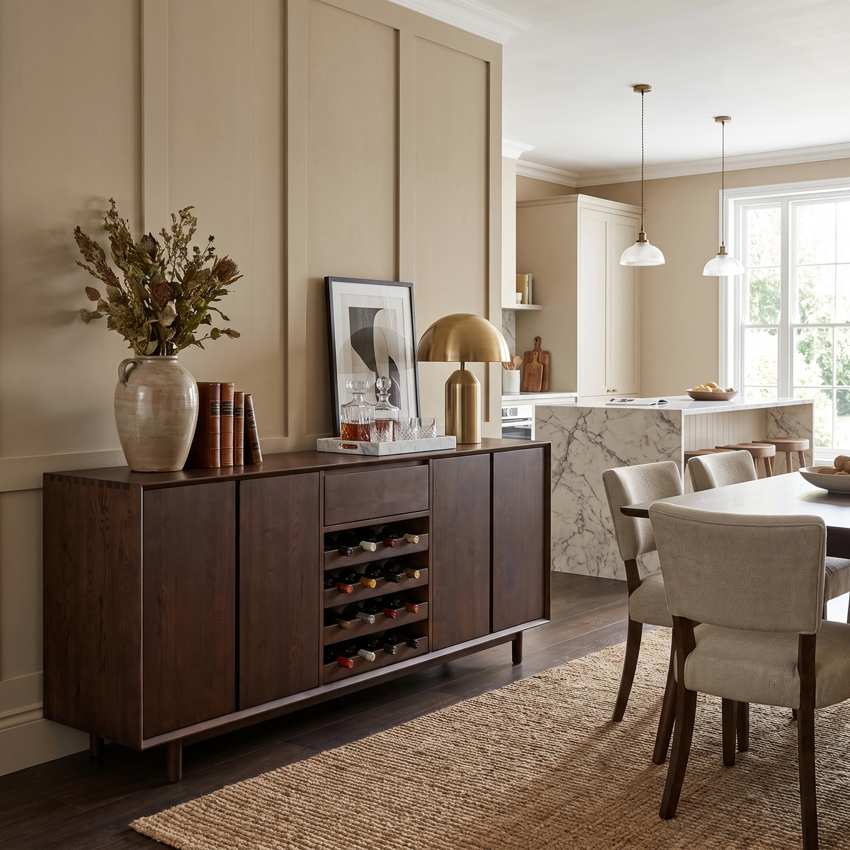 Modern dining room featuring the Oslo Grand 4 Door Sideboard with Wine Rack in Walnut, decorative items, and a marble kitchen island in the background.