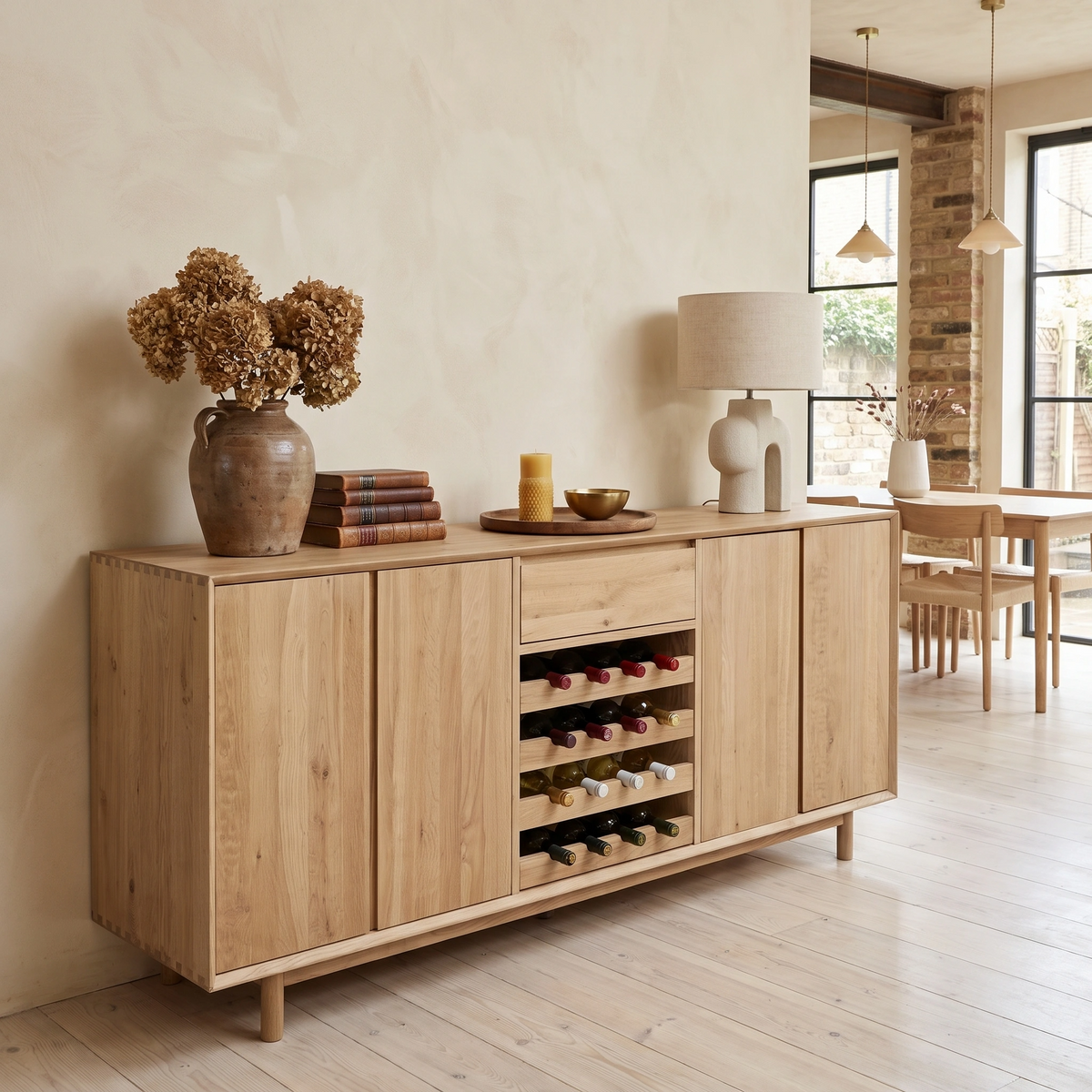 The Oslo Grand 4 Door Sideboard with Wine Rack in Light Oak, styled with a decorative vase, lamp, and books, creates a stylish focal point in a modern, neutral room.
