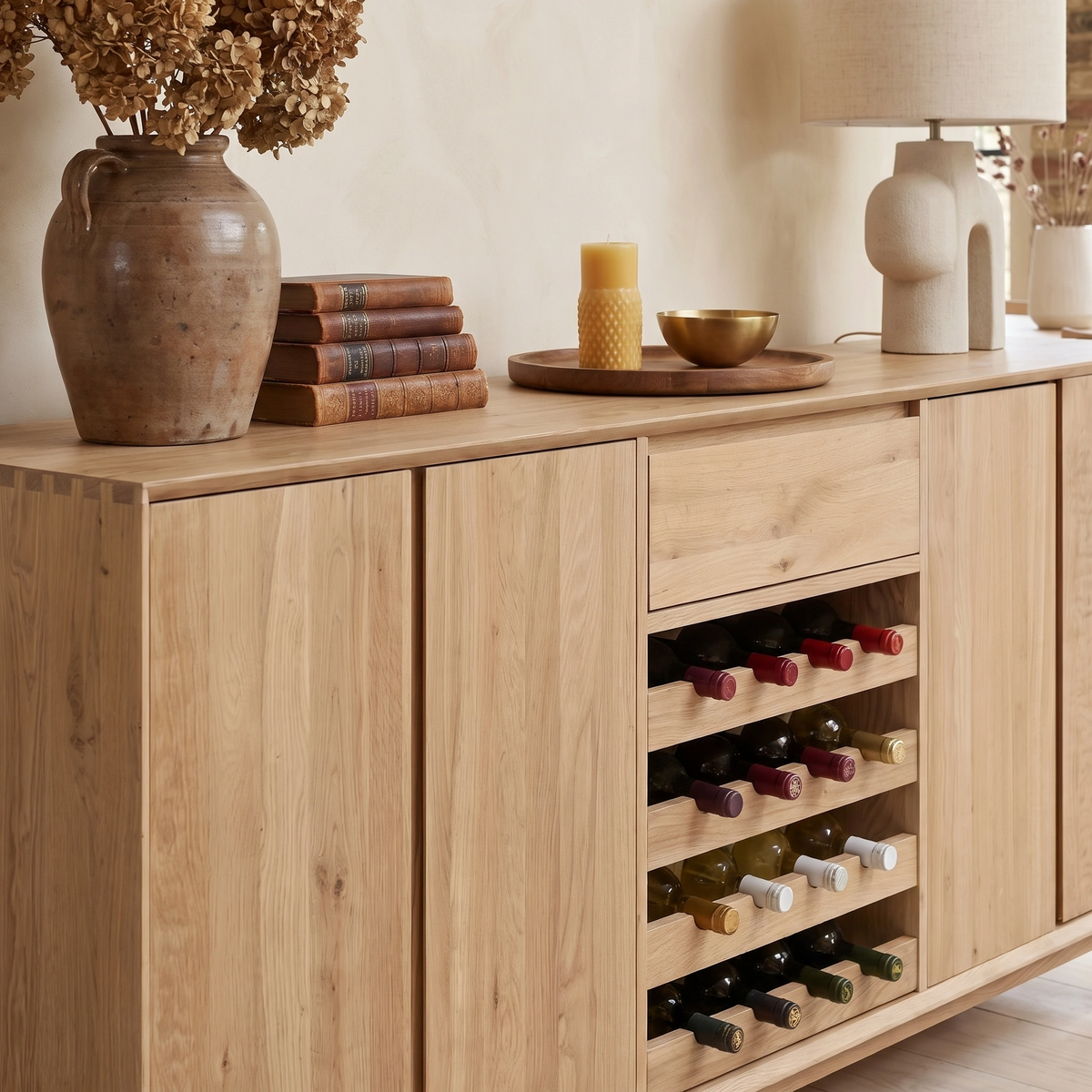 Oslo Grand 4 Door Sideboard with Wine Rack in Light Oak, styled with books, a vase, a candle, a bowl, and a lamp on top.