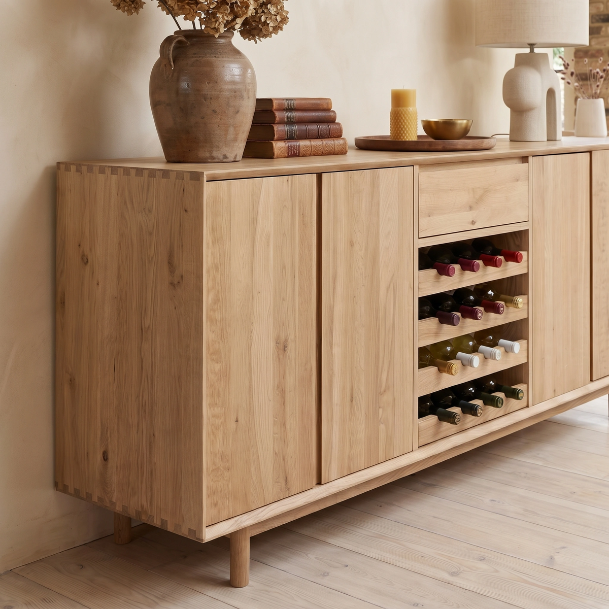 The Oslo Grand 4 Door Sideboard with Wine Rack in Light Oak is styled with books, a vase, and a lamp on top, set in a sunlit room.