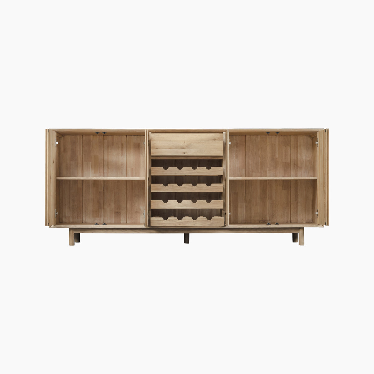Oslo Grand 4 Door Sideboard with Wine Rack in Light Oak displayed with open doors, revealing interior shelves and a central wine rack, set against a white background.