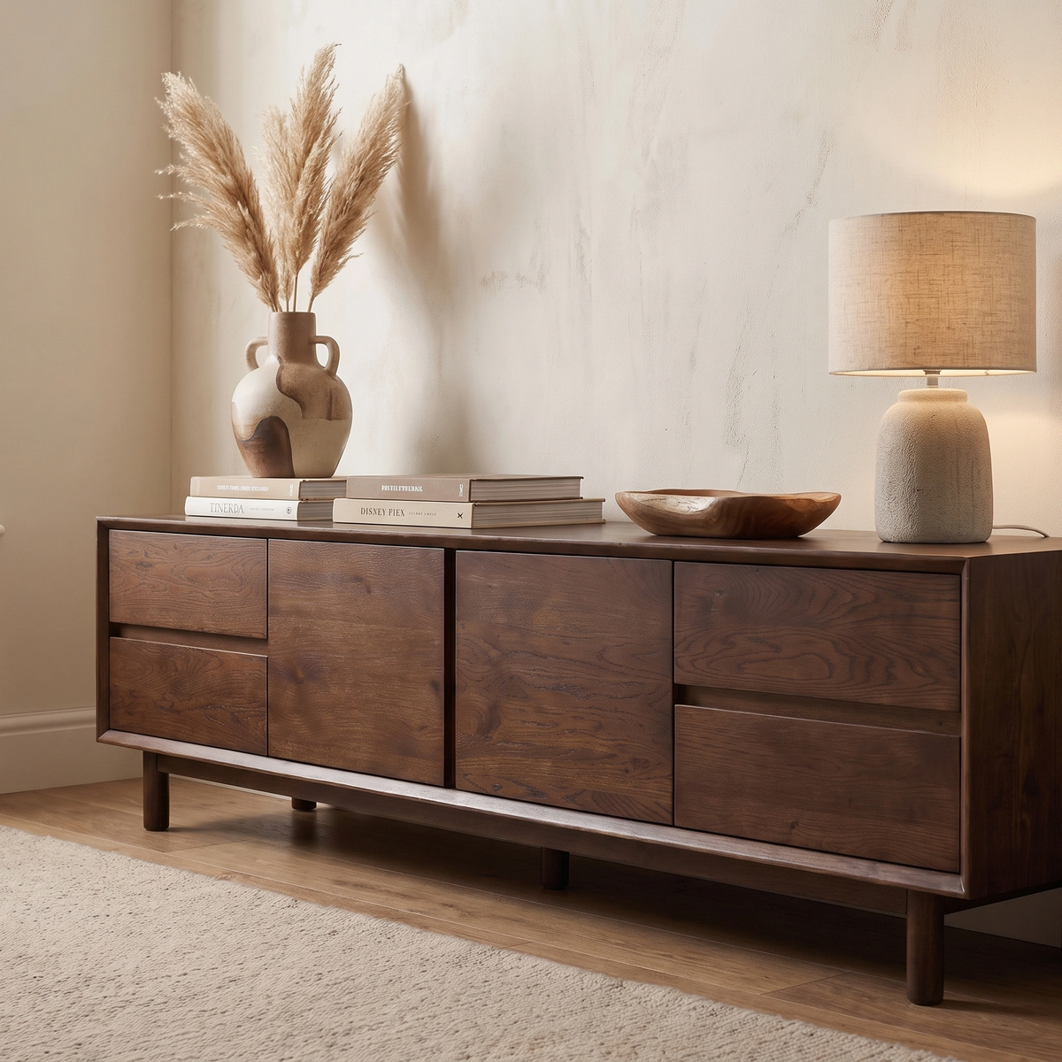 An Oslo TV Unit in Walnut, reminiscent of a dark wood sideboard, sits against a textured beige wall, topped with a vase of pampas grass, books, a bowl, and a lamp.