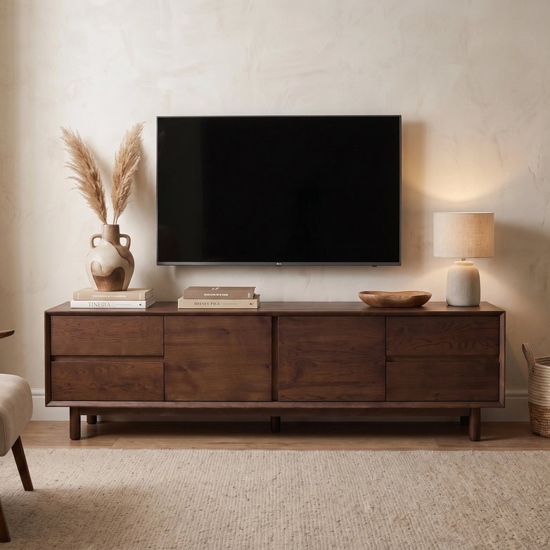 A flat-screen TV sits above the Oslo TV Unit in Walnut, elegantly styled with books, a lamp, a vase filled with pampas grass, and a decorative bowl arranged on top.