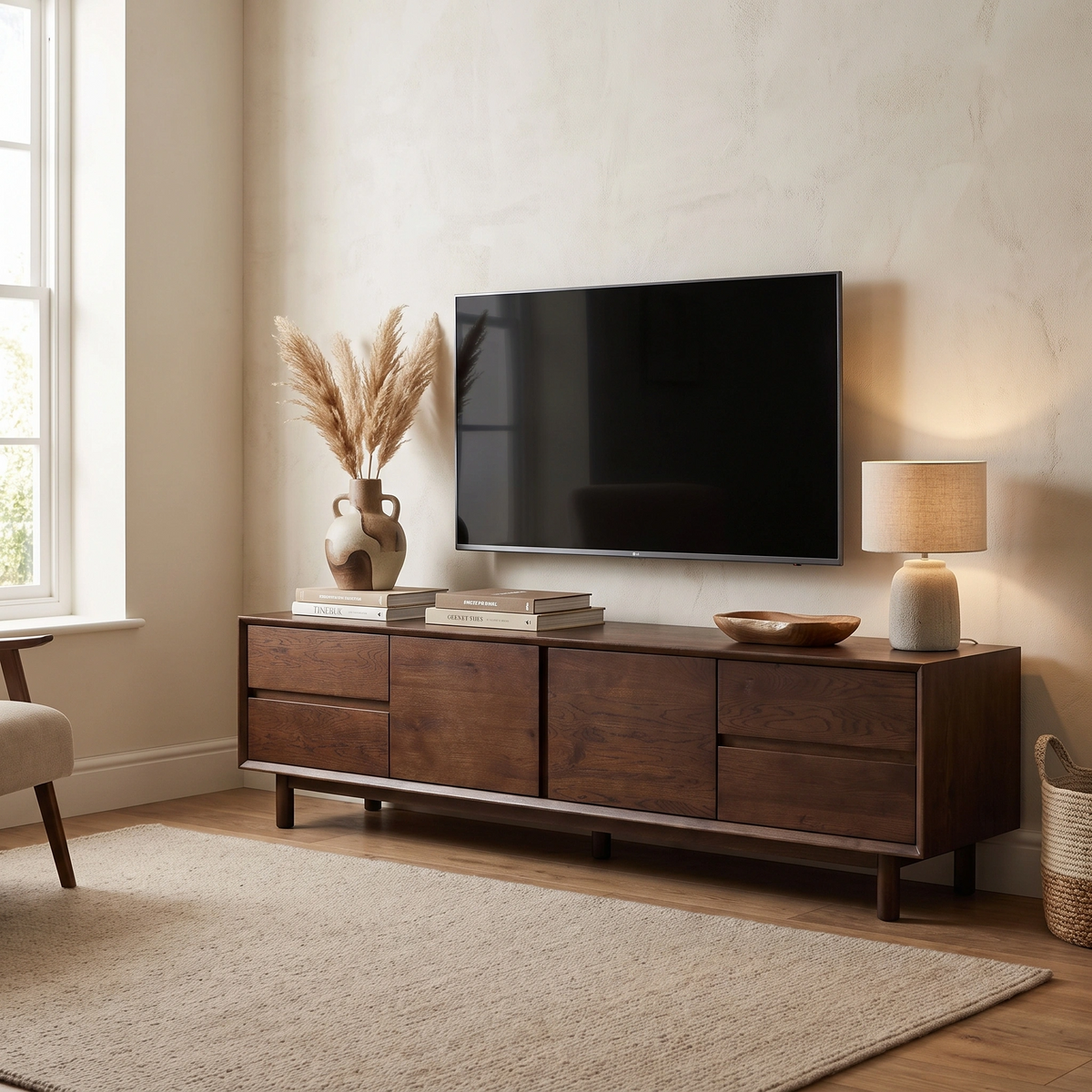 A modern living room with a wall-mounted TV, the Oslo TV Unit in Walnut, a wooden console, lamp, books, and pampas grass in a vase.