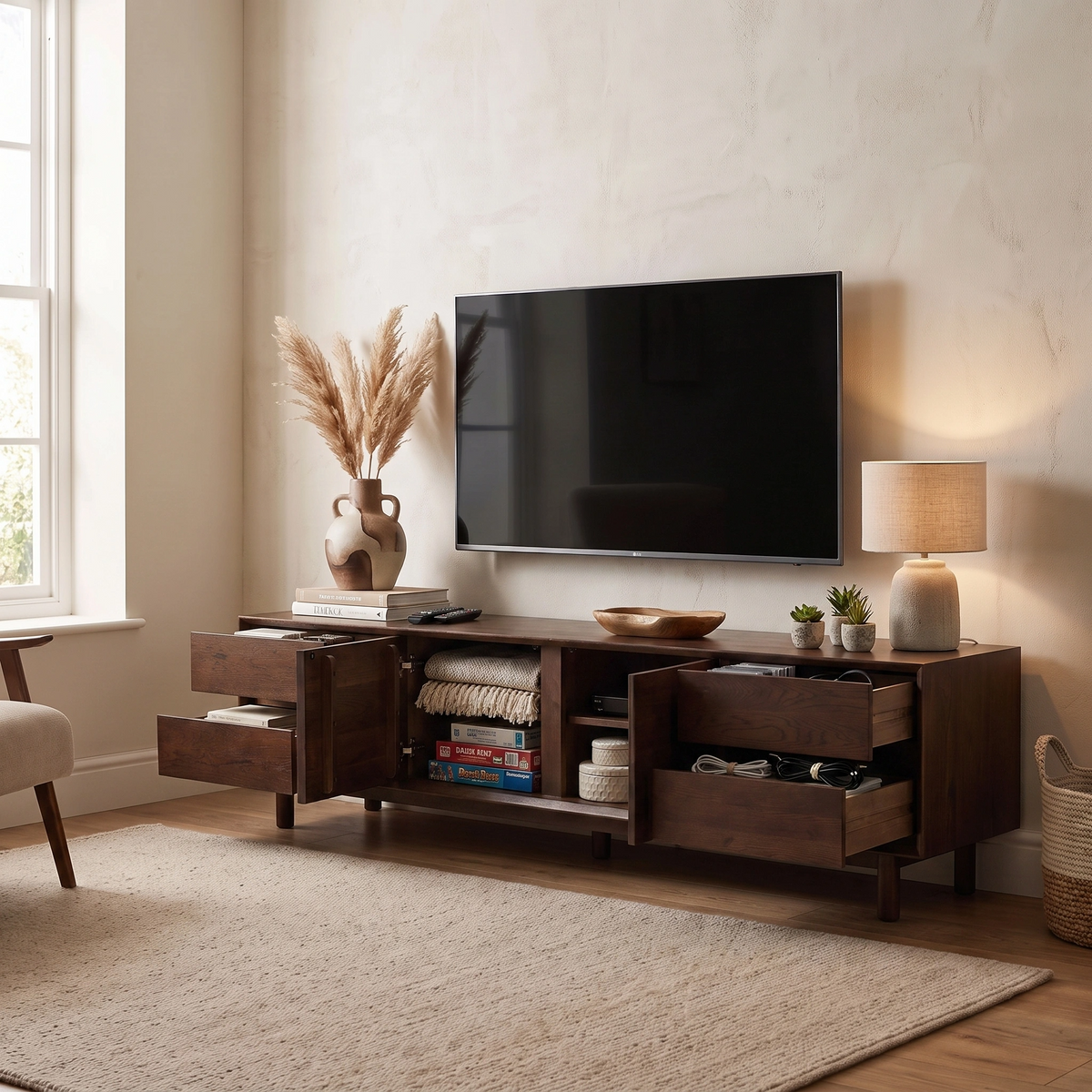 Oslo TV Unit in Walnut with open drawers, a mounted TV, lamp, plants, books, and vases in a cozy living room. Discover the timeless charm of the Oslo TV Unit in Walnut—crafted from solid wood to perfectly complement your home’s inviting atmosphere.