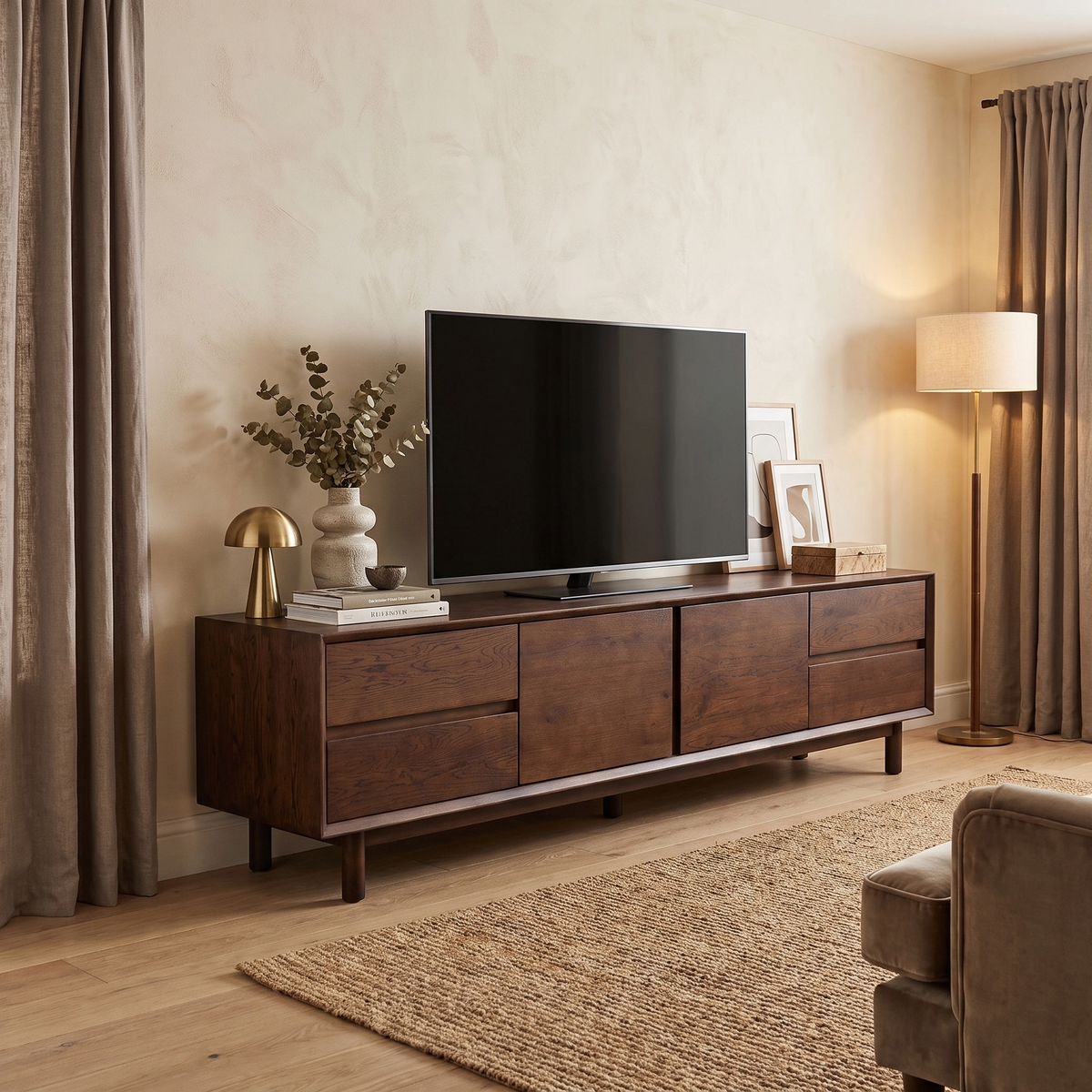 A modern living room featuring the Oslo TV Unit in Walnut, a flat-screen TV, lamp, and decorative items arranged on a rug.