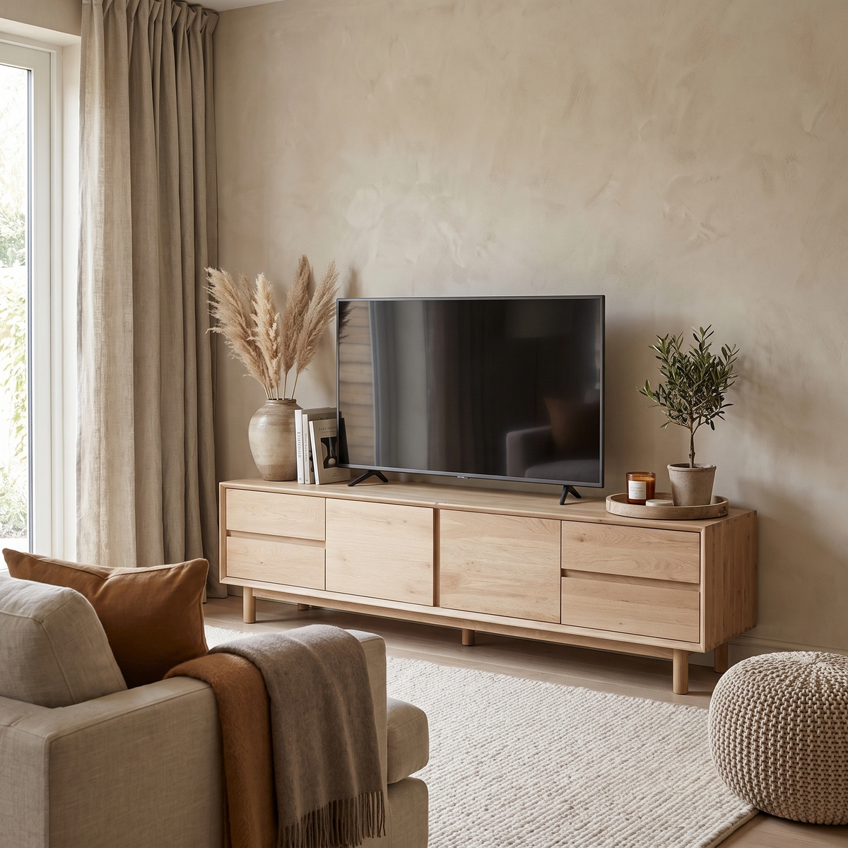 Neutral living room featuring a TV displayed on the Oslo TV Unit in Light Oak, complemented by modern living room furniture, a beige sofa, and plants, all bathed in soft natural lighting.