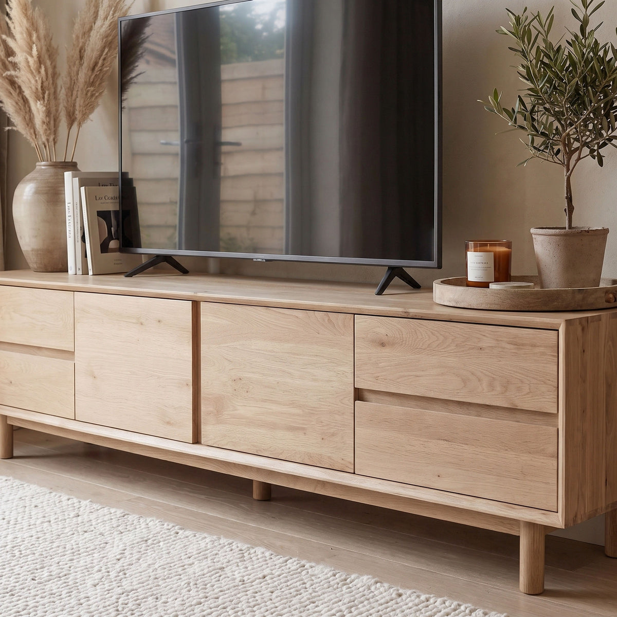 Rewritten Sentence: A flat-screen TV sits atop the Oslo TV Unit in Light Oak, a sleek solid oak media cabinet adorned with vases, a plant, books, and candles in a cozy living room—perfect for fans of modern living room furniture.
