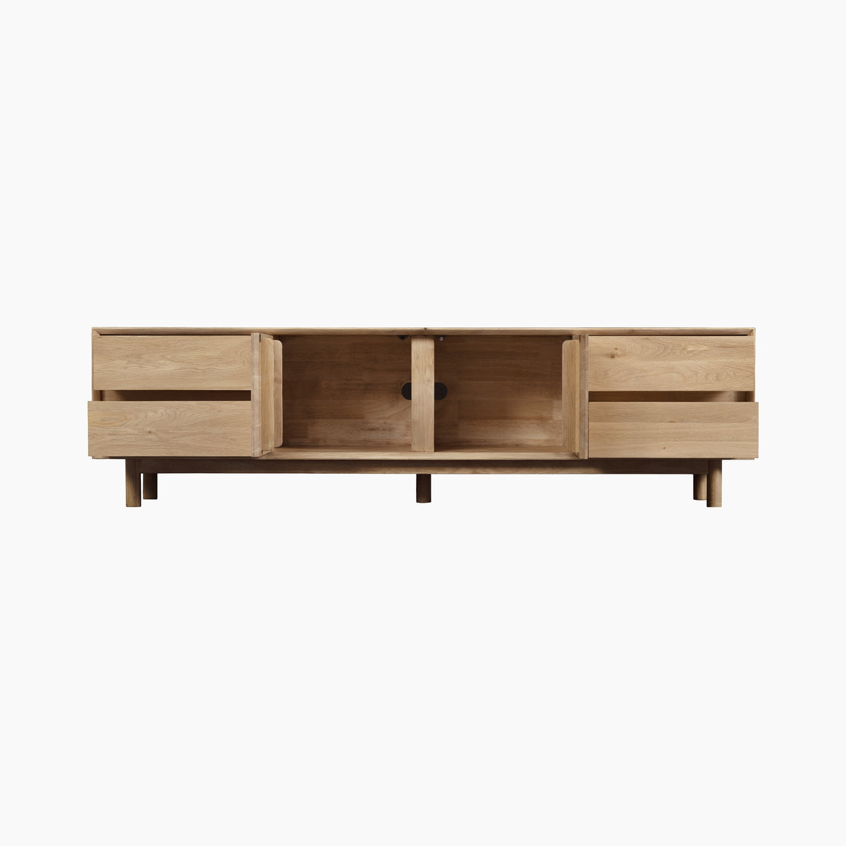 The Oslo TV Unit in Light Oak is a modern TV console featuring two drawers and two open shelves, shown from the front against a white background—an ideal addition to any contemporary living room.