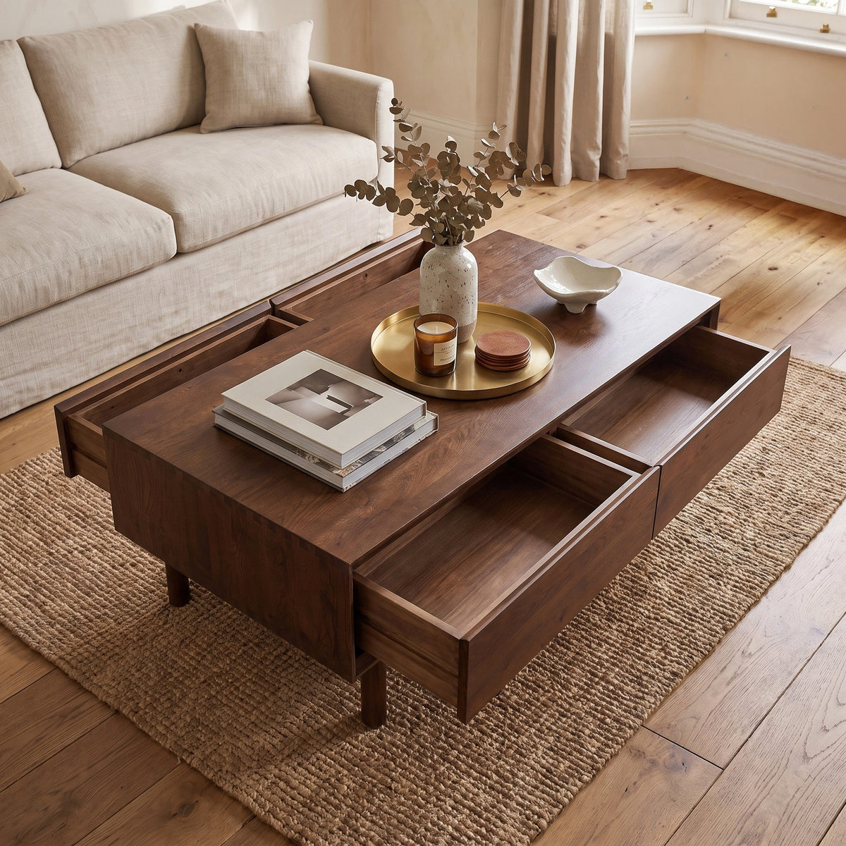 Experience the ideal blend of function and style with the Oslo Coffee Table with 4 Drawers in Walnut. This elegant coffee table provides ample storage with its spacious drawers, making it easy to keep your living room tidy. Display books, a tray, and decorative accents atop its walnut surface for a welcoming and organized gathering space.