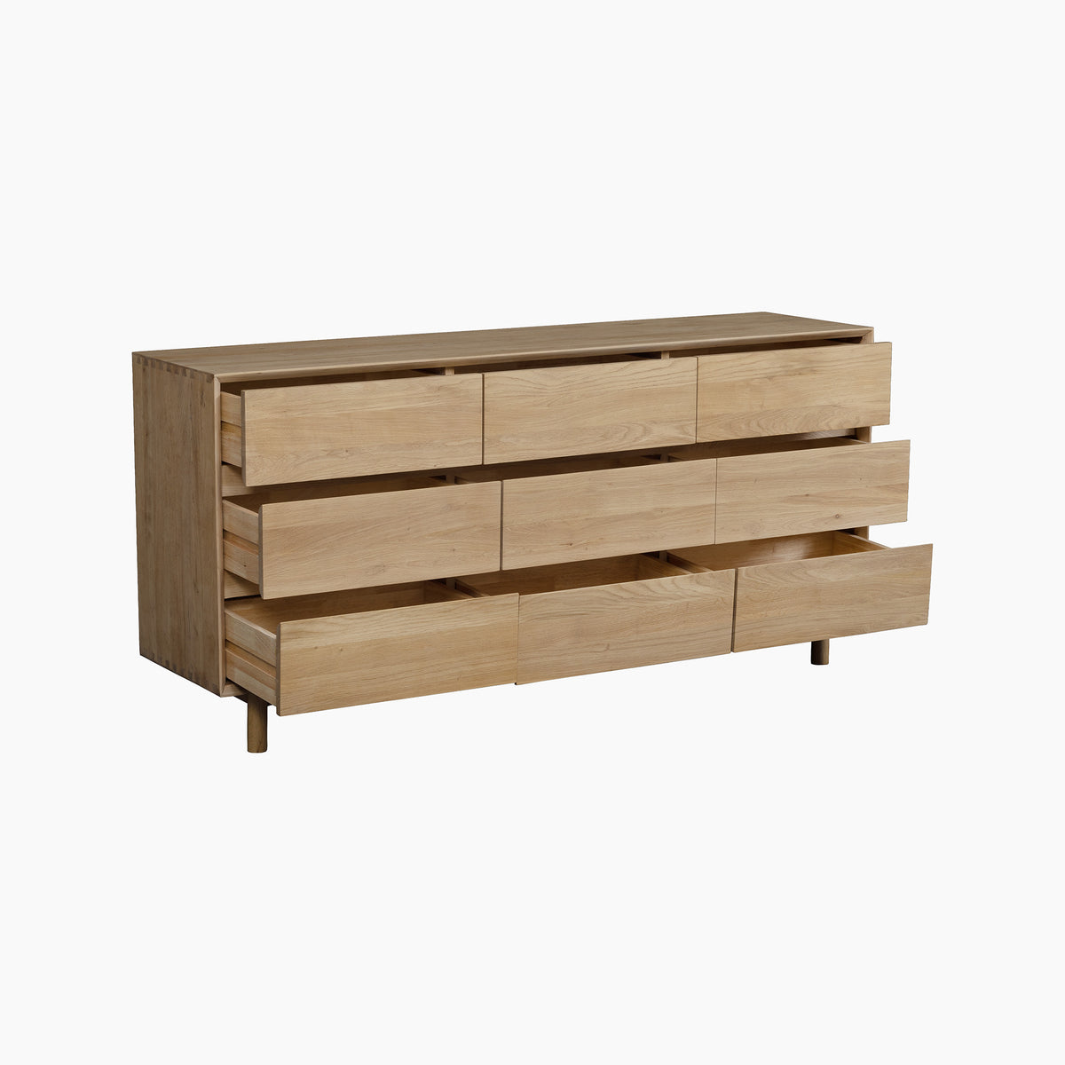 Oslo 9 Drawer Chest in Light Oak, featuring nine drawers with some partially open, displayed against a white background.