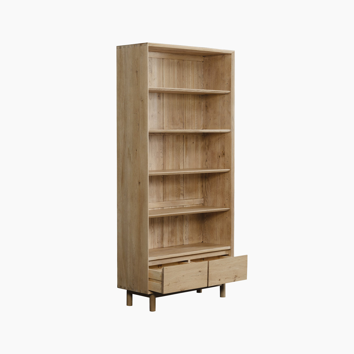 The Oslo Bookcase in Light Oak features four spacious shelves—including adjustable options for versatile storage—and two open drawers at the bottom. Standing on short legs, this tall bookcase is a stylish and practical addition to any room.