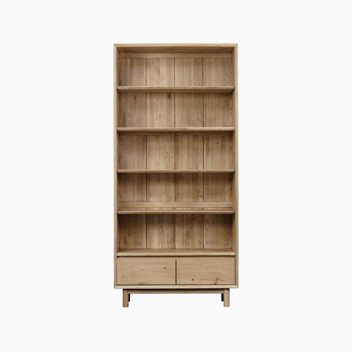Oslo Bookcase in Light Oak, featuring five adjustable shelves and two bottom drawers, displayed against a white background.