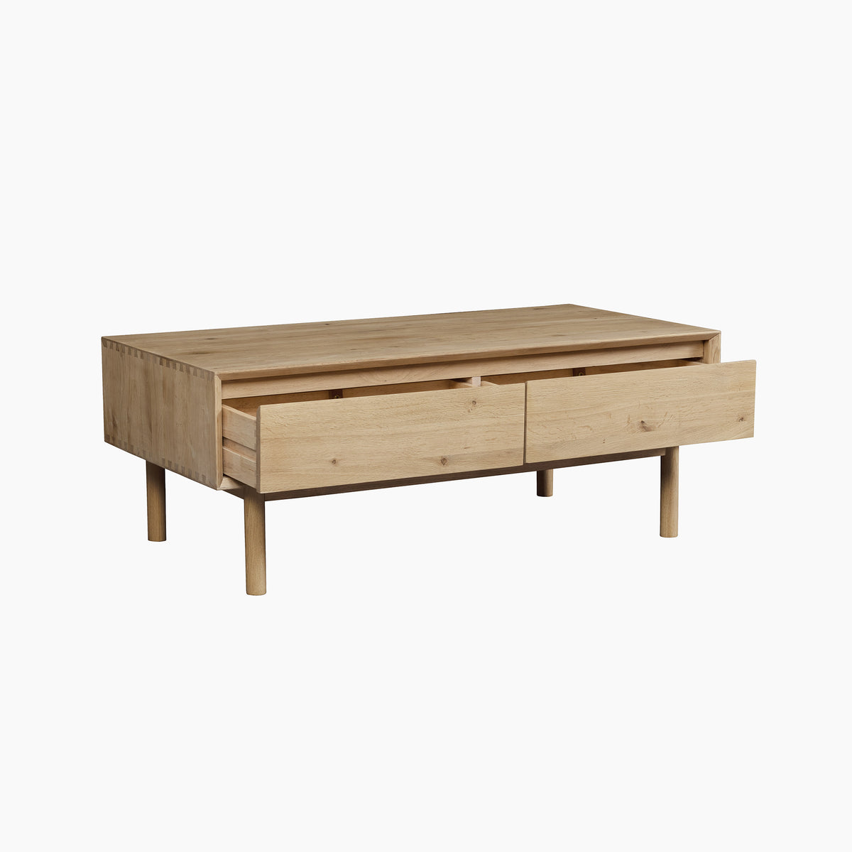 Oslo Coffee Table with 4 drawers in light oak, featuring two drawers—one partially open—and four round legs, shown on a white background.