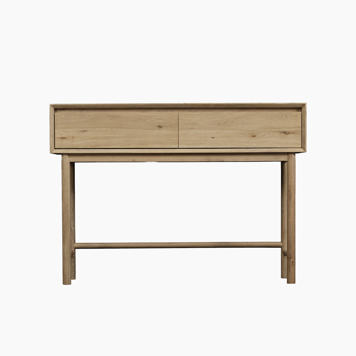 The Oslo 2 Drawer Console Table in Light Oak features a Scandinavian-inspired design with simple, clean lines and two spacious drawers, beautifully crafted in a light oak finish against a crisp white backdrop.