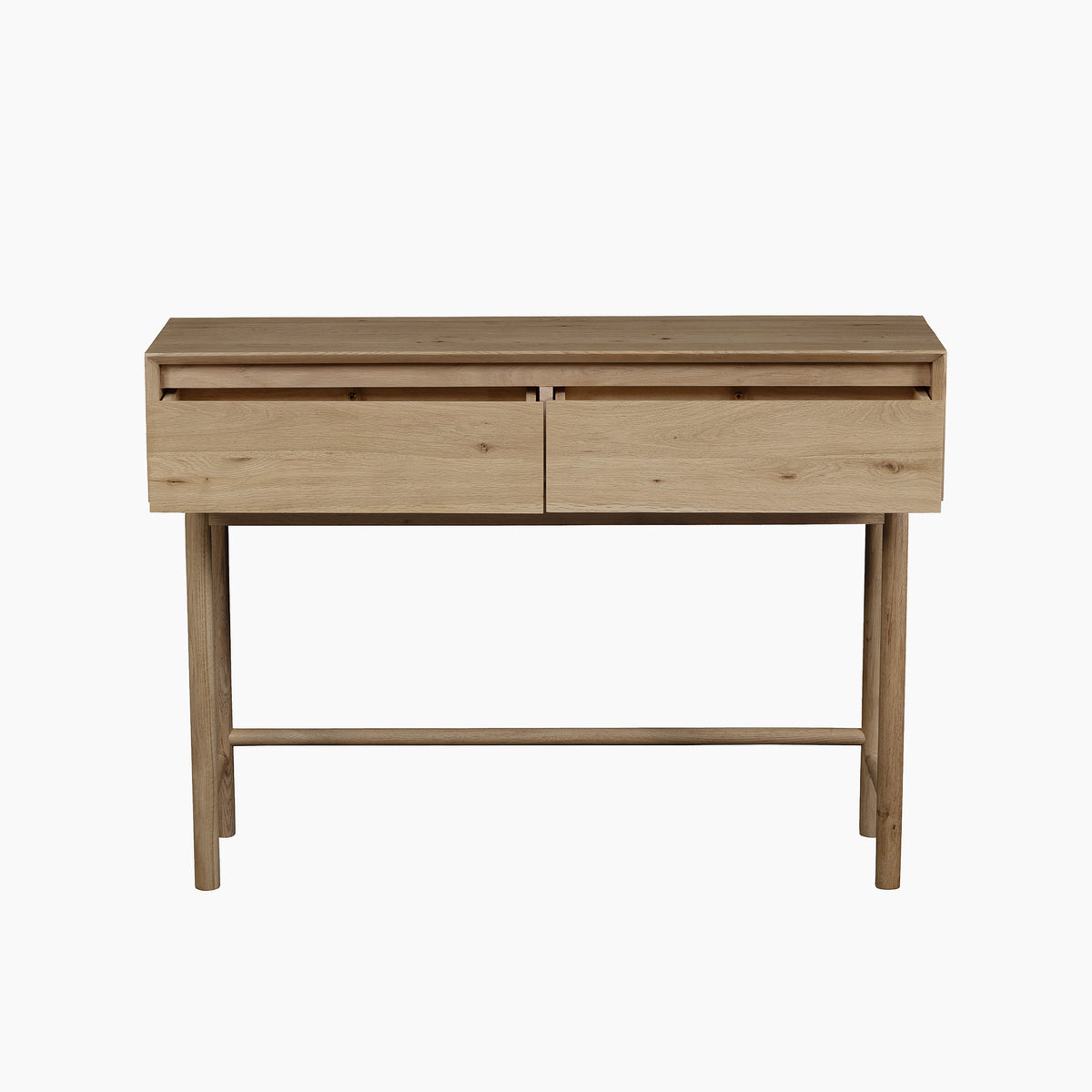 The Oslo 2 Drawer Console Table in Light Oak, featuring two spacious drawers and four sturdy legs, is set against a plain white background.