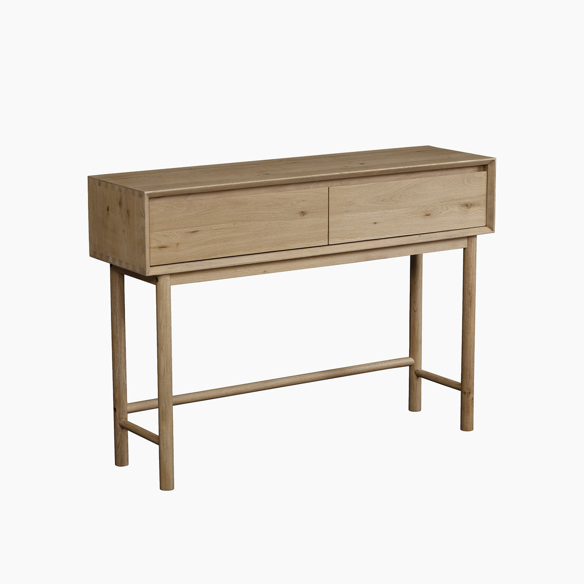 Oslo 2 Drawer Console Table in Light Oak, featuring two drawers and four legs, displayed against a plain white background.