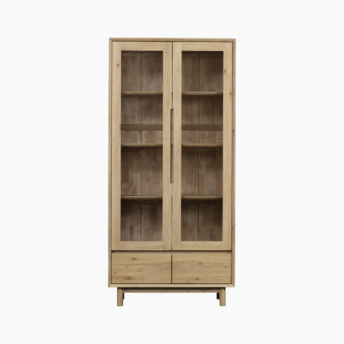 Oslo Display Cabinet in Light Oak: The Oslo display cabinet in light oak features elegant glass doors, three spacious interior shelves, and two convenient lower drawers for extra storage, all shown against a white background.