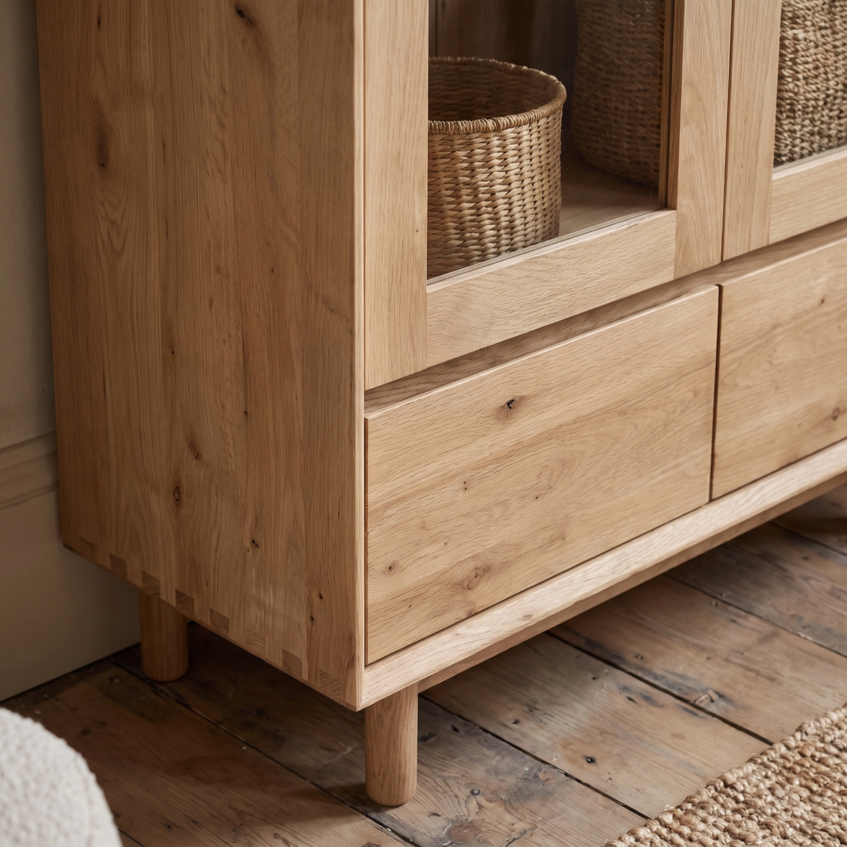 Oslo Display Cabinet in Light Oak with glass doors and an interior basket, set on a rustic wooden floor beside a woven rug.