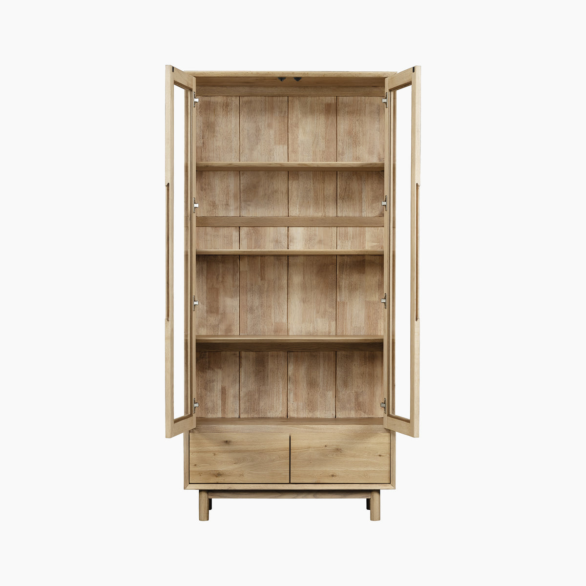 Oslo Display Cabinet in Light Oak featuring glass-fronted doors, three shelves, and two drawers at the bottom, showcased against a white background.