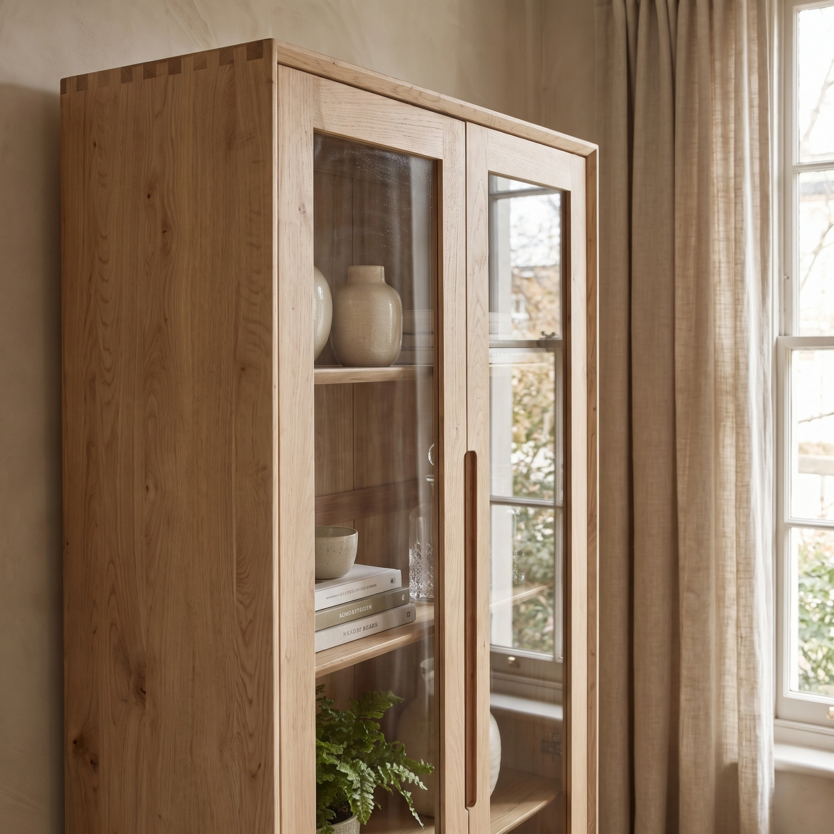 Oslo Display Cabinet in Light Oak with glass doors showcases books, pottery, and a fern beside a window with beige curtains.