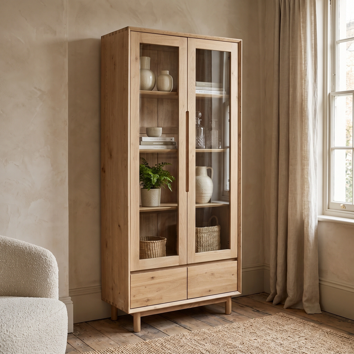 The Oslo Display Cabinet in Light Oak features glass doors and shelves displaying vases and baskets, positioned beside a window with beige curtains.
