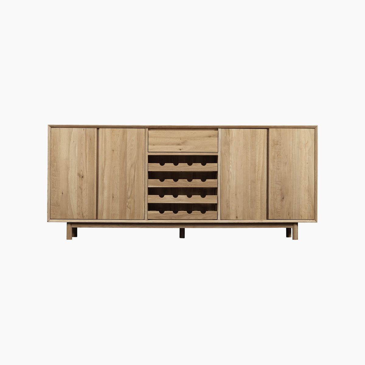 Oslo Grand 4 Door Sideboard with Wine Rack in Light Oak, showcasing four doors, a central drawer, and an integrated wine rack on short legs, set against a white background.