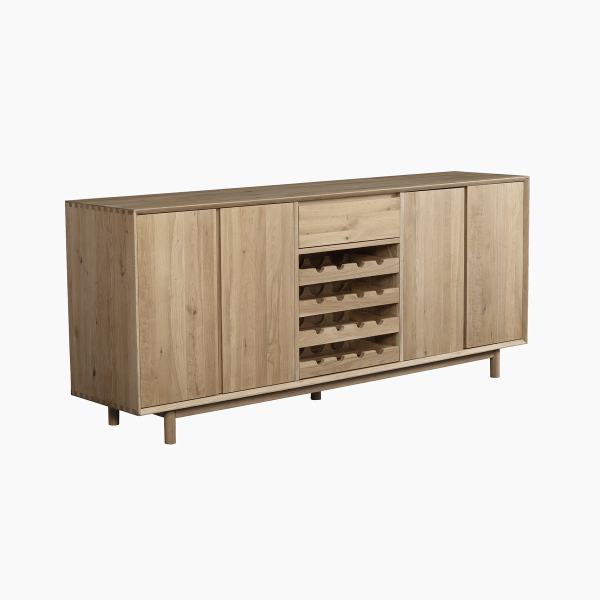 Oslo Grand 4 Door Sideboard with Wine Rack in Light Oak, designed with two doors, a central drawer, and open shelves that double as a stylish wine rack for convenient bottle storage.