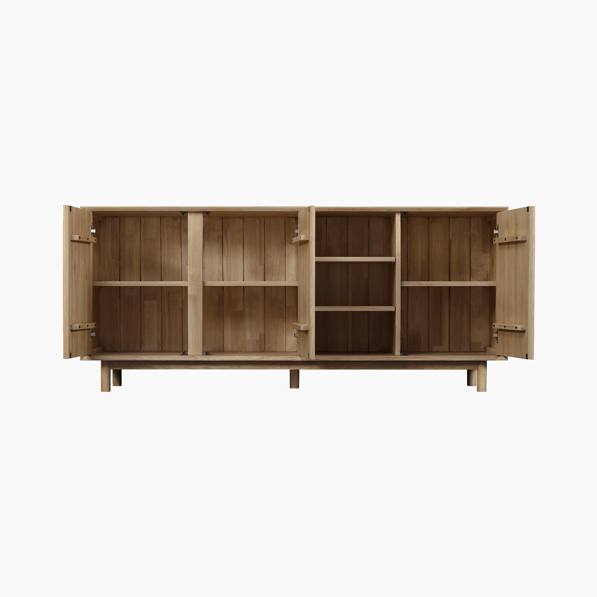 The Oslo 3 Door Sideboard with Shelves in Light Oak is shown with its three doors open, revealing multiple shelves inside, set against a white background.
